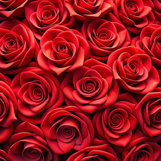 red roses, crimson, deep red, burgundy, realistic flowers, rose pattern, floral design, botanical motif, quilting cotton, fabric panel, romantic theme, layered petals, dense arrangement, vibrant colors, nature inspired, blooming roses, flower clusters, textured appearance, valentine's theme, elegant florals