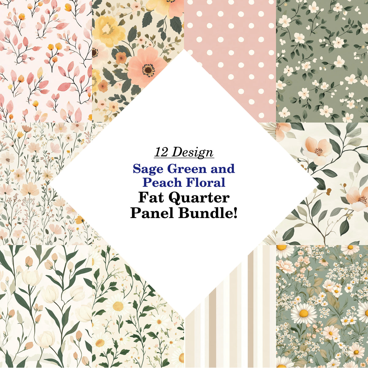Sage Green and Peach Floral Fat Quarter Bundle