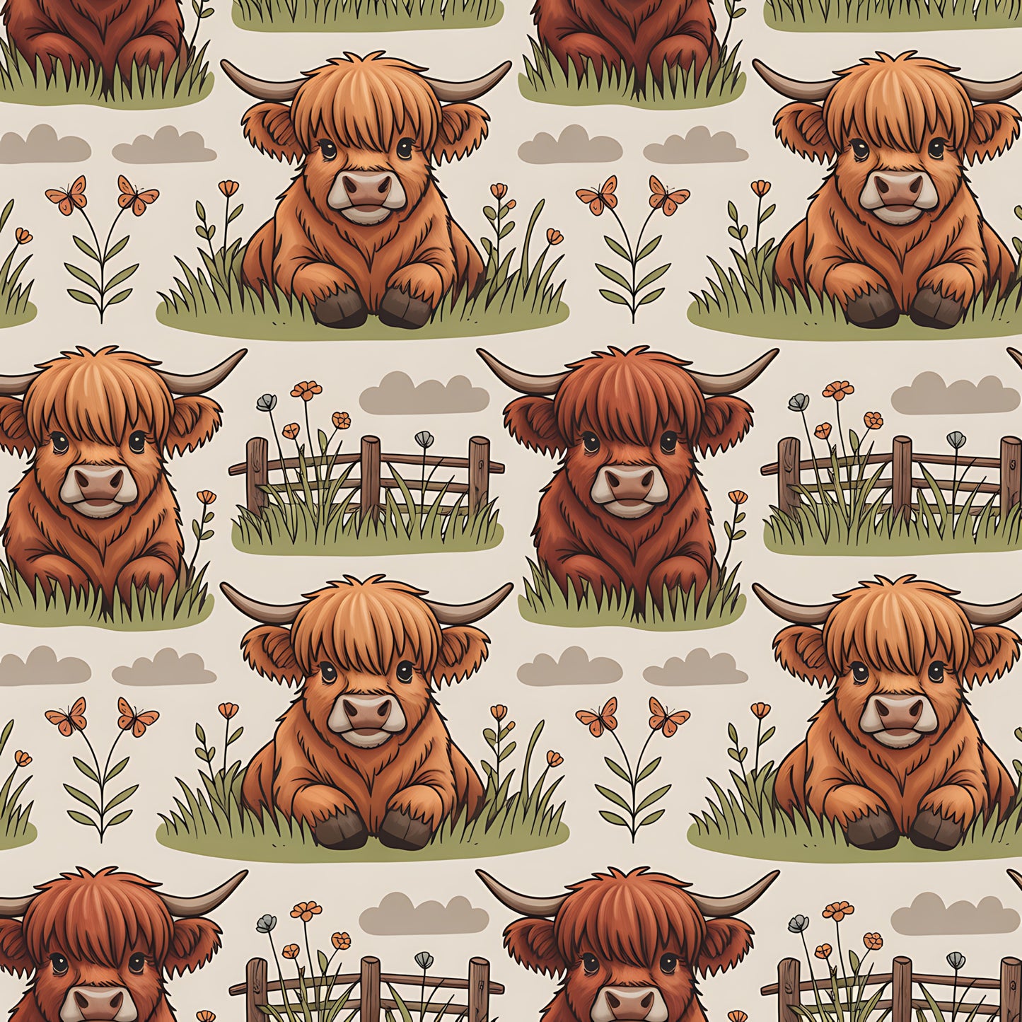 Cartoon Highland Cows Pattern 13 Quilting Cotton Fabric