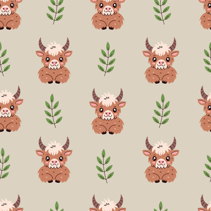 cute baby highland cows, brown furry cattle, green botanical leaves, beige cream background, kawaii anime style, repeating pattern, quilting cotton, fabric panel, adorable farm animals, pastel earth tones, whimsical illustration, soft neutral colors, bovine characters, rustic countryside, children's fabric, nursery theme, charming animal motifs, cozy pastoral design