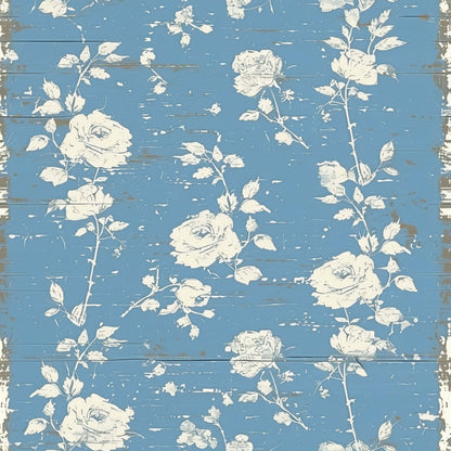 powder blue, cream white, vintage roses, floral pattern, distressed wood, weathered planks, shabby chic, romantic blooms, cottage style, quilting cotton, fabric panel, farmhouse aesthetic, botanical design, aged finish, rustic background, rose motifs, country charm, worn texture, vintage style