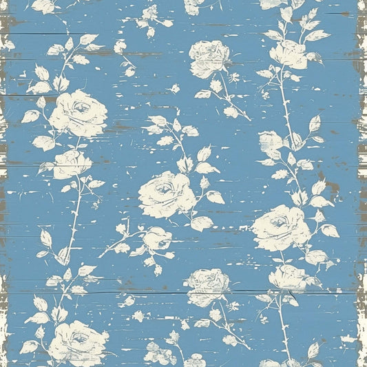 powder blue, cream white, vintage roses, floral pattern, distressed wood, weathered planks, shabby chic, romantic blooms, cottage style, quilting cotton, fabric panel, farmhouse aesthetic, botanical design, aged finish, rustic background, rose motifs, country charm, worn texture, vintage style