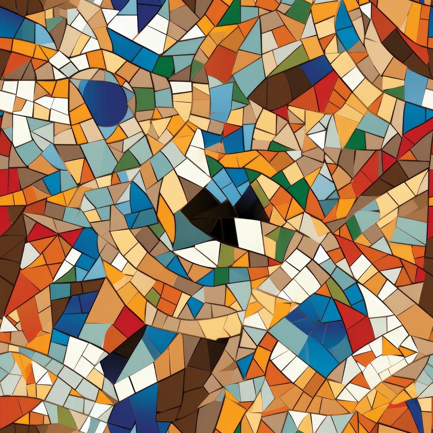 mosaic pattern, stained glass, geometric shapes, multicolored tiles, orange, blue, navy, red, green, brown, white, beige, abstract art, kaleidoscope design, fragmented pieces, quilting cotton, fabric panel, contemporary style, vibrant colors, tessellation