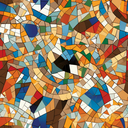 mosaic pattern, stained glass, geometric shapes, multicolored tiles, orange, blue, navy, red, green, brown, white, beige, abstract art, kaleidoscope design, fragmented pieces, quilting cotton, fabric panel, contemporary style, vibrant colors, tessellation