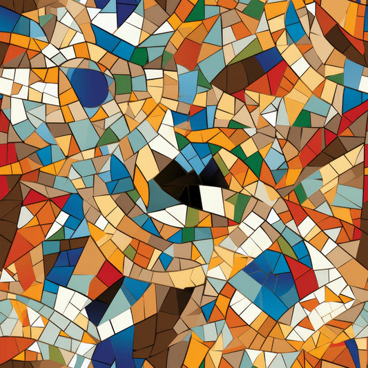 mosaic pattern, stained glass, geometric shapes, multicolored tiles, orange, blue, navy, red, green, brown, white, beige, abstract art, kaleidoscope design, fragmented pieces, quilting cotton, fabric panel, contemporary style, vibrant colors, tessellation