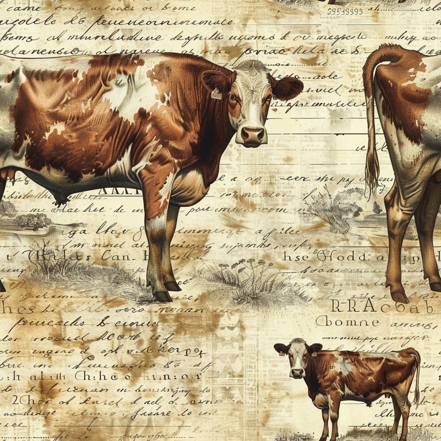 brown, cream, sepia, vintage script, cattle, cows, farm animals, pastoral scene, aged paper, handwriting overlay, rustic, countryside, livestock, bovine, weathered texture, quilting cotton, fabric panel, farmhouse style, agricultural theme, antique illustration