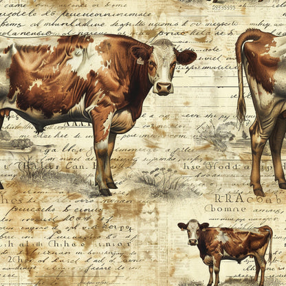 brown, cream, sepia, vintage script, cattle, cows, farm animals, pastoral scene, aged paper, handwriting overlay, rustic, countryside, livestock, bovine, weathered texture, quilting cotton, fabric panel, farmhouse style, agricultural theme, antique illustration