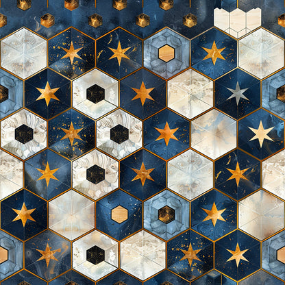 navy blue, cream white, gold stars, hexagonal tiles, geometric pattern, marble texture, celestial motif, baroque style, quilting cotton, fabric panel, starbursts, honeycomb design, luxury aesthetic, deep blue, beige tones, ornate pattern, decorative tiles, cosmic theme, elegant design, metallic accents