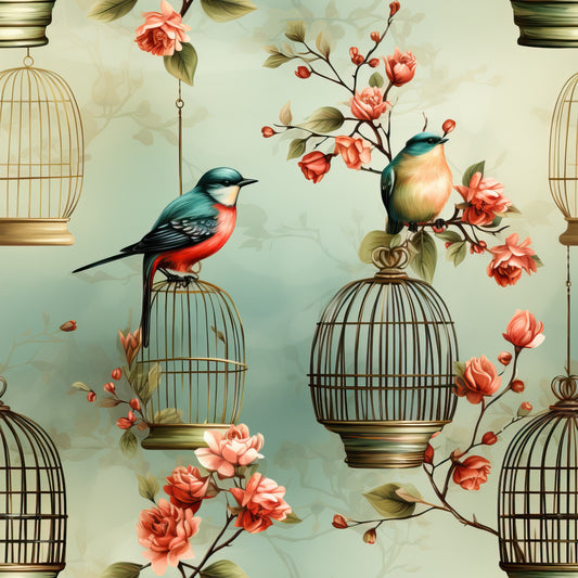 vintage birdcages, coral flowers, teal birds, peach blossoms, ornate cages, floral branches, songbirds, botanical design, soft green background, romantic style, quilting cotton, fabric panel, delicate artwork, bird motifs, hanging cages, cherry blossoms, whimsical pattern, nature theme, pastel palette