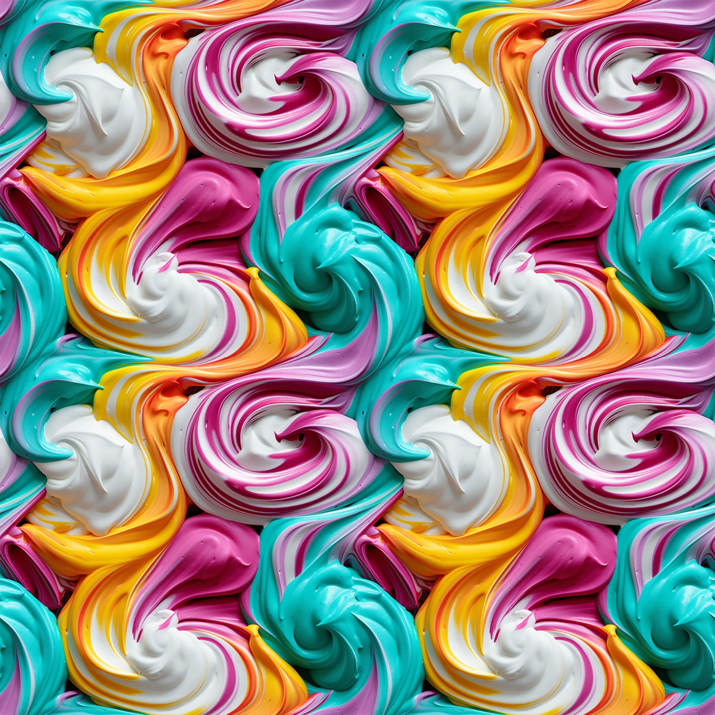 swirled frosting, colorful icing, pink frosting, turquoise frosting, yellow frosting, white frosting, orange frosting, dessert pattern, cake decorating, sweet treats, candy colors, spiral swirls, bakery theme, quilting cotton, fabric panel, vibrant colors, food motif, confectionery design, decorative frosting, pastry art