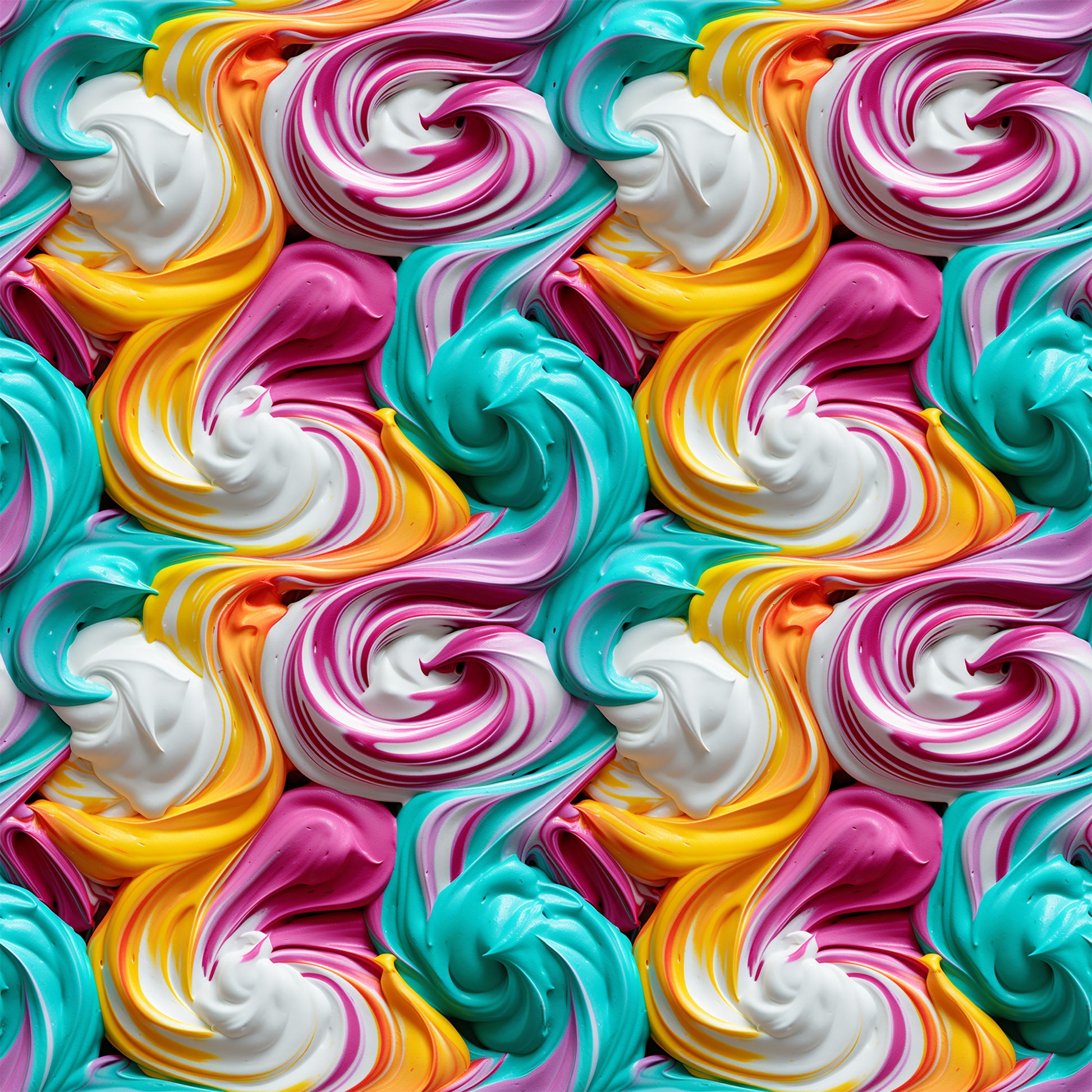 swirled frosting, colorful icing, pink frosting, turquoise frosting, yellow frosting, white frosting, orange frosting, dessert pattern, cake decorating, sweet treats, candy colors, spiral swirls, bakery theme, quilting cotton, fabric panel, vibrant colors, food motif, confectionery design, decorative frosting, pastry art