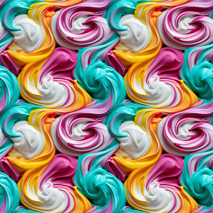 swirled frosting, colorful icing, pink frosting, turquoise frosting, yellow frosting, white frosting, orange frosting, dessert pattern, cake decorating, sweet treats, candy colors, spiral swirls, bakery theme, quilting cotton, fabric panel, vibrant colors, food motif, confectionery design, decorative frosting, pastry art