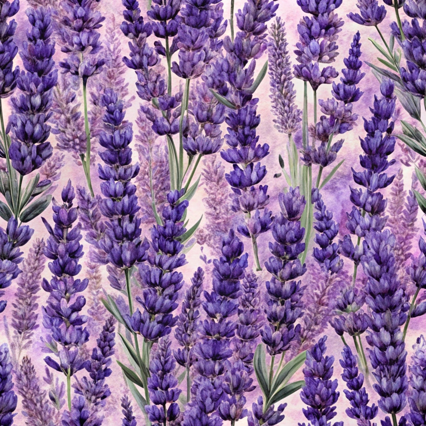 lavender flowers, purple blooms, botanical pattern, realistic floral, watercolor style, spring flowers, herb garden, nature design, quilting cotton, fabric panel, soft purple, lilac shades, green stems, delicate petals, floral motif, garden theme, romantic mood, pastel background, repeating pattern, craft fabric