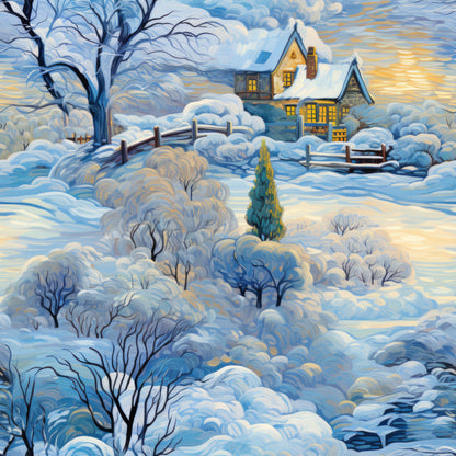 winter scene, snow covered landscape, cozy cottage, warm yellow windows, bare trees, wooden fence, blue tones, golden sunset, quilting cotton, fabric panel, peaceful countryside, snowy hills, evergreen tree, rustic house, twilight sky, serene atmosphere, winter wonderland, painted style, pastoral scene