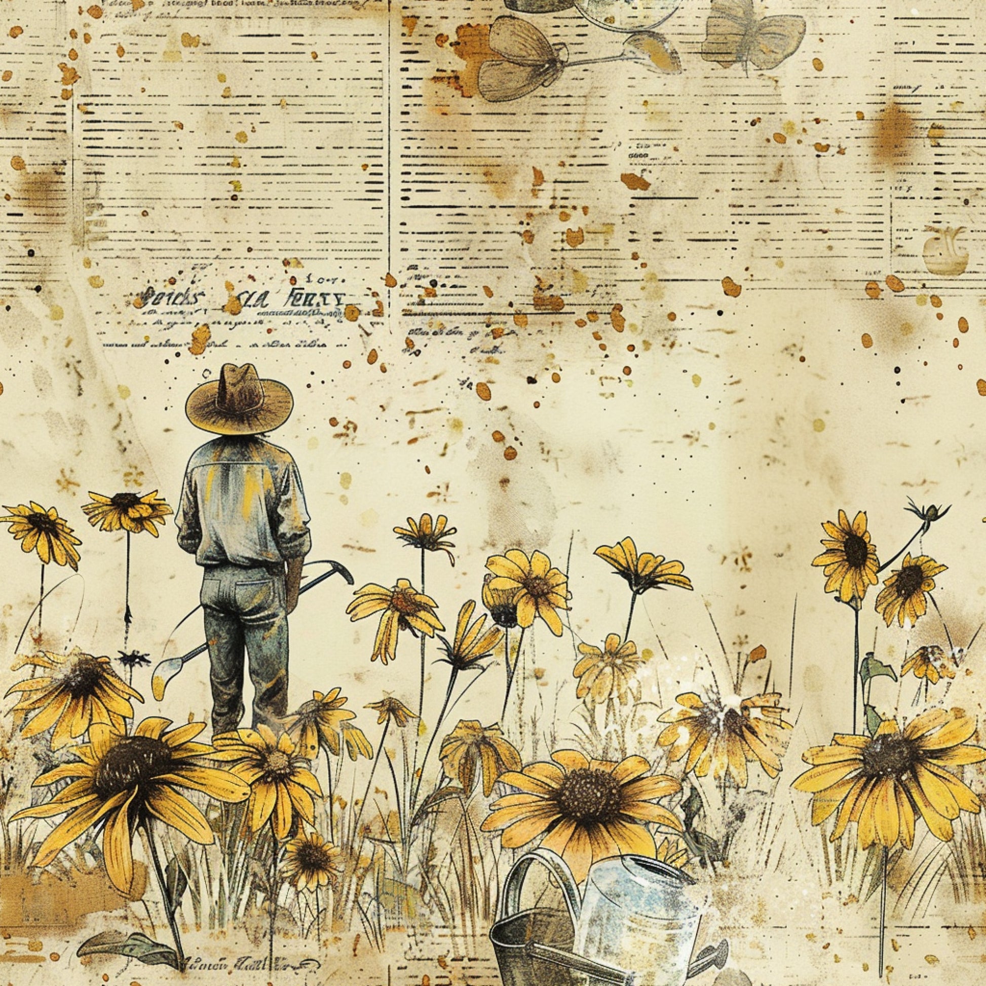 cream background, yellow flowers, brown stains, vintage gardener, wide brimmed hat, overalls, watering can, sunflowers, daisies, wildflowers, musical notes, aged paper, rustic style, farming theme, botanical illustration, quilting cotton, fabric panel, weathered texture, country living, floral meadow