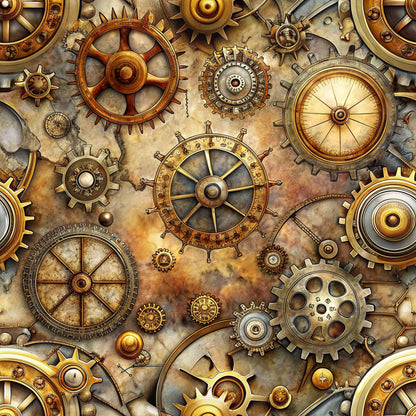 steampunk, mechanical gears, brass, bronze, copper, gold tones, vintage machinery, clockwork, industrial design, cogs, wheels, metallic finish, aged patina, intricate details, quilting cotton, fabric panel, antique style, mechanical elements, golden brown, weathered texture