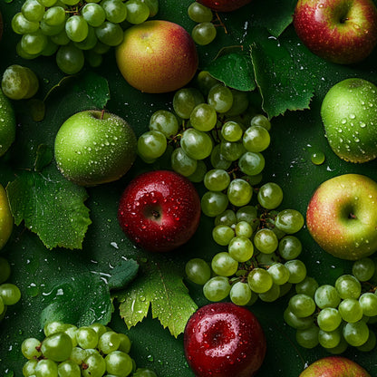 fresh fruits, green grapes, red apples, green apples, lime green, deep red, golden yellow, water droplets, realistic photography, fruit pattern, quilting cotton, fabric panel, fresh produce, orchard fruits, vine grapes, crisp apples, nature inspired, fruit medley, harvest theme, botanical design