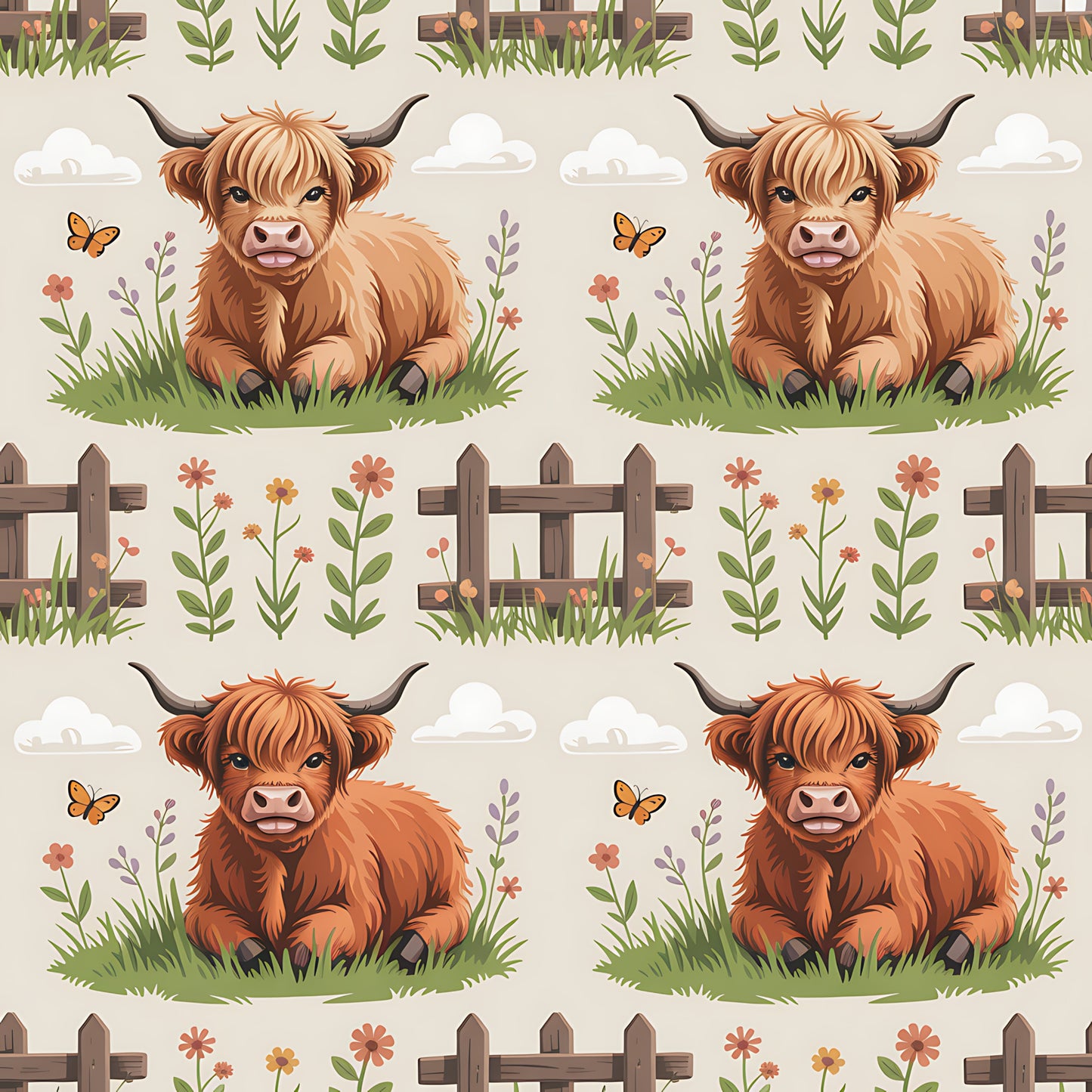 Cartoon Highland Cows Pattern 11 Quilting Cotton Fabric
