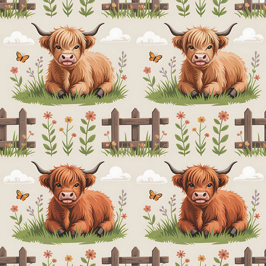 Cartoon Highland Cows Pattern 11 Quilting Cotton Fabric