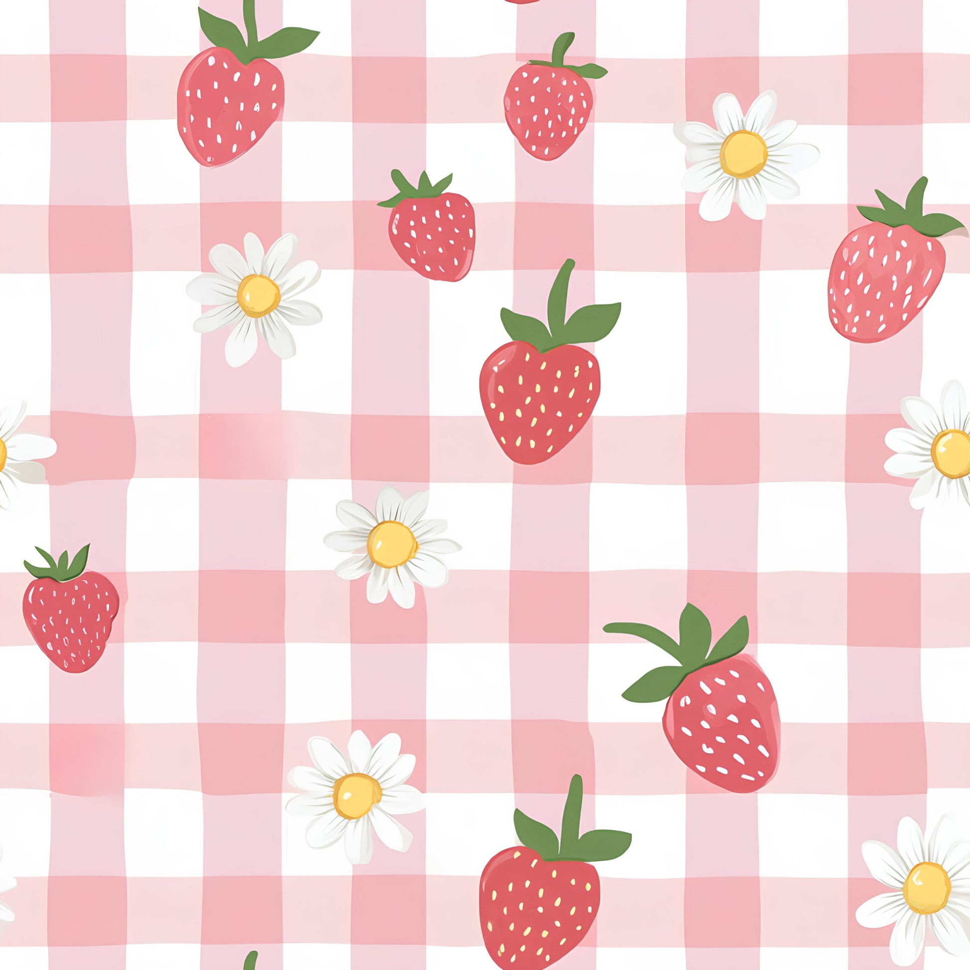 pink, white, coral, gingham, checkered pattern, strawberries, daisies, floral motifs, fruit design, cottage core, sweet aesthetic, quilting cotton, fabric panel, spring theme, feminine style, botanical elements, cheerful mood, pastel colors, summer vibes