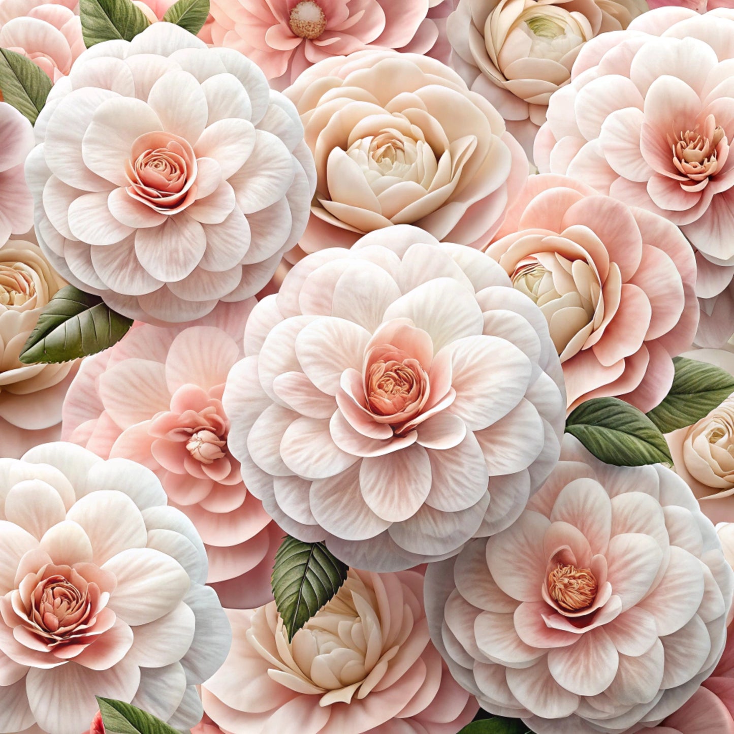 blush pink, coral, cream, ivory, sage green, realistic flowers, layered petals, botanical design, floral pattern, roses, ranunculus, camellia, romantic style, soft pastels, quilting cotton, fabric panel, garden blooms, delicate leaves, vintage inspired, feminine aesthetic