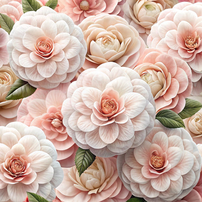 blush pink, coral, cream, ivory, sage green, realistic flowers, layered petals, botanical design, floral pattern, roses, ranunculus, camellia, romantic style, soft pastels, quilting cotton, fabric panel, garden blooms, delicate leaves, vintage inspired, feminine aesthetic