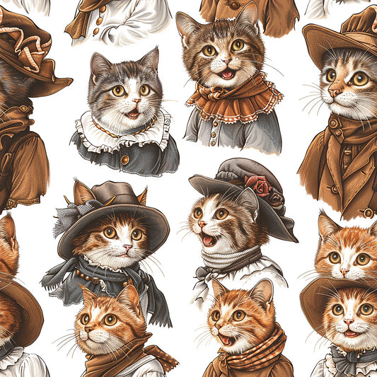 victorian cats, brown tones, sepia colors, cream background, ornate clothing, period costumes, ruffled collars, top hats, fancy dress, tabby cats, orange cats, gray cats, white cats, vintage illustration, detailed artwork, quilting cotton, fabric panel, whimsical design, anthropomorphic animals, historical fashion