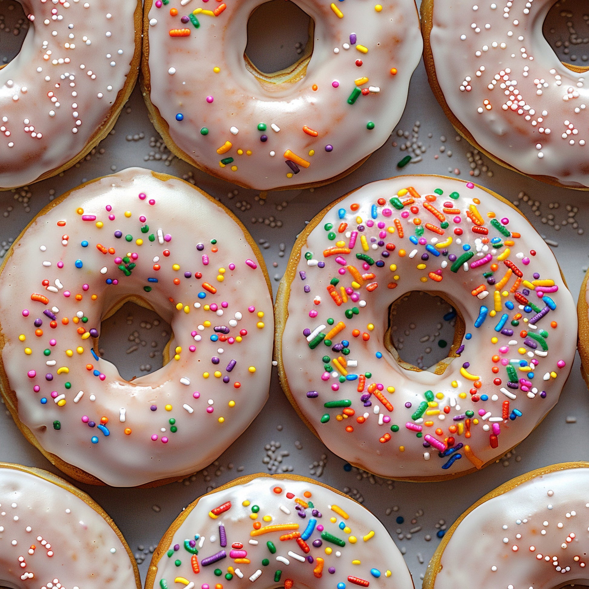donuts, sprinkles, white glaze, colorful sprinkles, pink frosting, rainbow colors, junk food, dessert pattern, sweet treats, quilting cotton, fabric panel, food illustration, bakery theme, bright colors, confectionery, realistic style, yummy treats, sugar coating, round donuts, tempting sweets