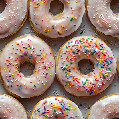donuts, sprinkles, white glaze, colorful sprinkles, pink frosting, rainbow colors, junk food, dessert pattern, sweet treats, quilting cotton, fabric panel, food illustration, bakery theme, bright colors, confectionery, realistic style, yummy treats, sugar coating, round donuts, tempting sweets