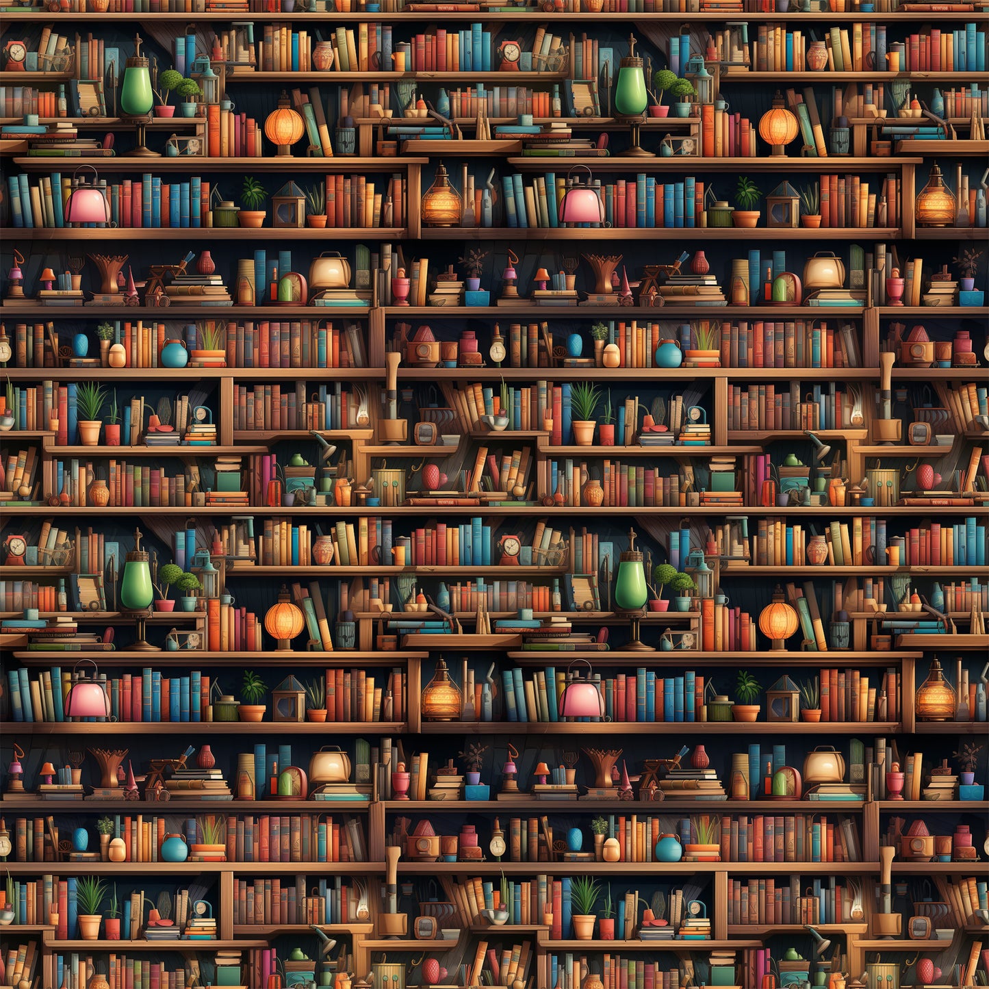 bookshelf pattern, quilting cotton, fabric panel, library scene, warm brown, orange, teal blue, green accents, red books, colorful books, potted plants, vintage lamps, decorative objects, cozy atmosphere, repeating design, literary theme, reading nook, bibliophile, scholarly vibe, warm lighting
