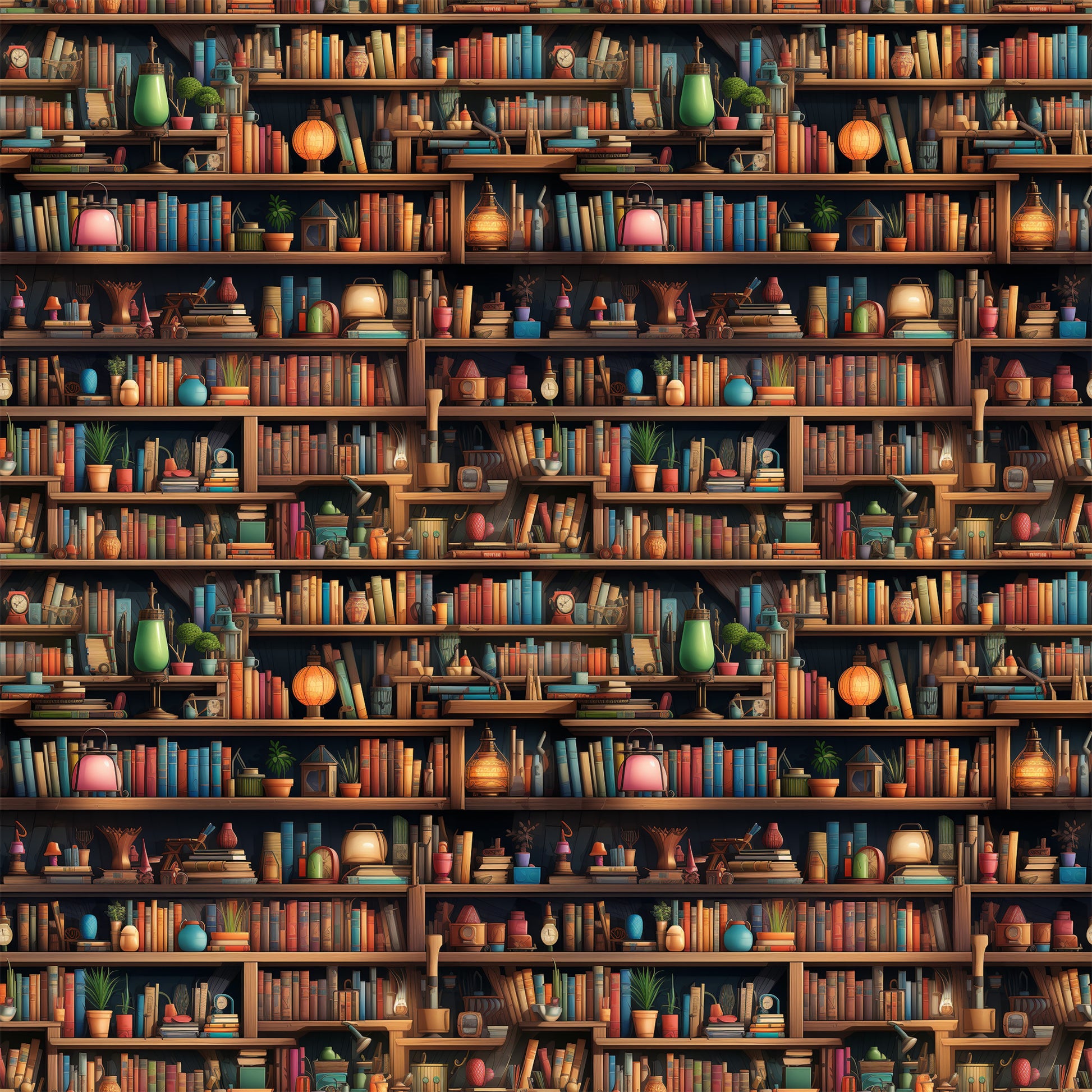 bookshelf pattern, quilting cotton, fabric panel, library scene, warm brown, orange, teal blue, green accents, red books, colorful books, potted plants, vintage lamps, decorative objects, cozy atmosphere, repeating design, literary theme, reading nook, bibliophile, scholarly vibe, warm lighting