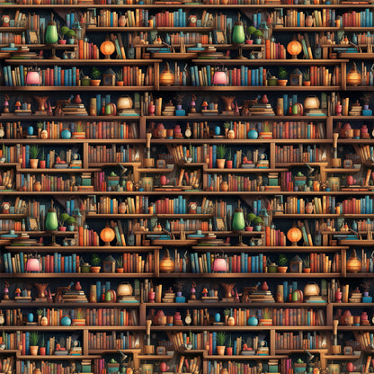 bookshelf pattern, quilting cotton, fabric panel, library scene, warm brown, orange, teal blue, green accents, red books, colorful books, potted plants, vintage lamps, decorative objects, cozy atmosphere, repeating design, literary theme, reading nook, bibliophile, scholarly vibe, warm lighting