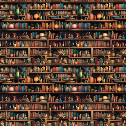 bookshelf pattern, quilting cotton, fabric panel, library scene, warm brown, orange, teal blue, green accents, red books, colorful books, potted plants, vintage lamps, decorative objects, cozy atmosphere, repeating design, literary theme, reading nook, bibliophile, scholarly vibe, warm lighting