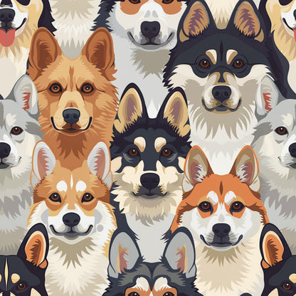 dog faces, canine portraits, animal pattern, quilting cotton, fabric panel, orange, brown, black, white, gray, beige, husky, corgi, shepherd, wolf-like, cartoon style, playful mood, pet themed, seamless repeat, craft fabric, sewing material