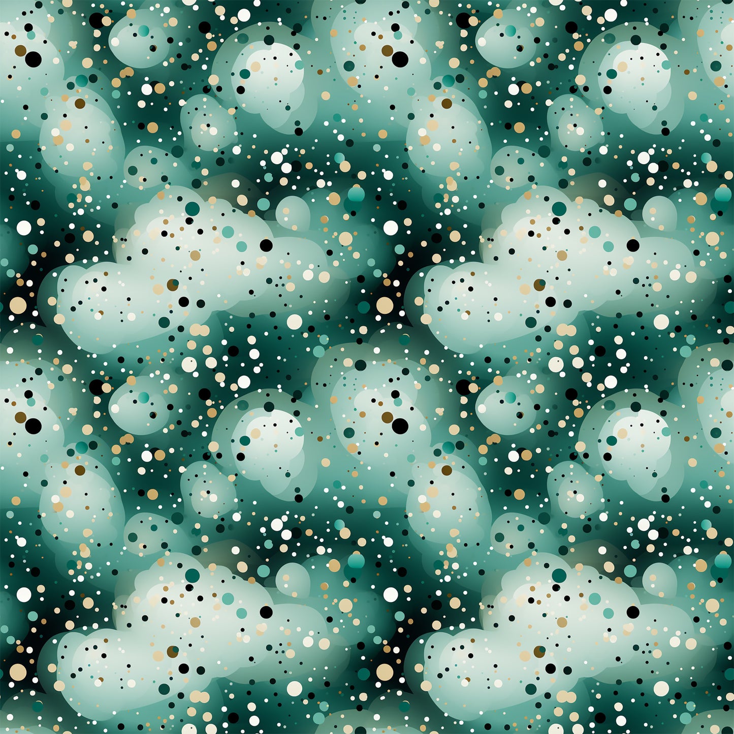green, teal, sage, cream, beige, black, white, confetti, dots, circles, scattered pattern, abstract, modern, geometric, quilting cotton, fabric panel, contemporary, playful, bubble pattern, speckled design, mint green, forest green
