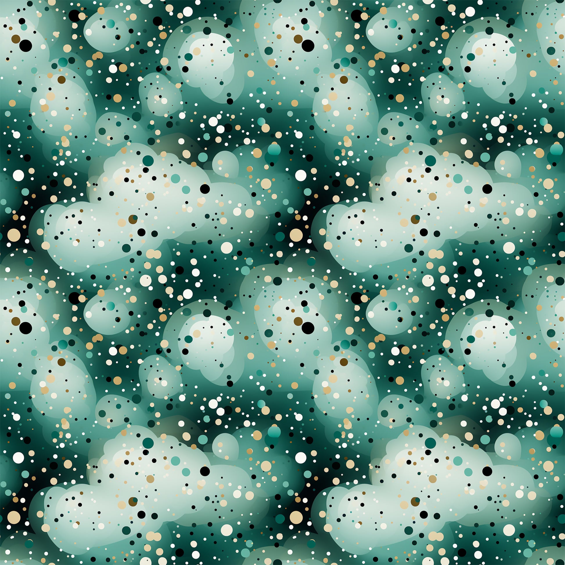 green, teal, sage, cream, beige, black, white, confetti, dots, circles, scattered pattern, abstract, modern, geometric, quilting cotton, fabric panel, contemporary, playful, bubble pattern, speckled design, mint green, forest green