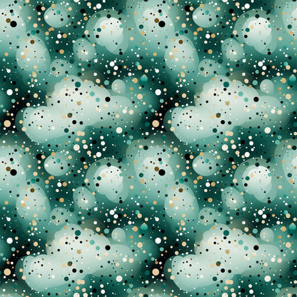 green, teal, sage, cream, beige, black, white, confetti, dots, circles, scattered pattern, abstract, modern, geometric, quilting cotton, fabric panel, contemporary, playful, bubble pattern, speckled design, mint green, forest green