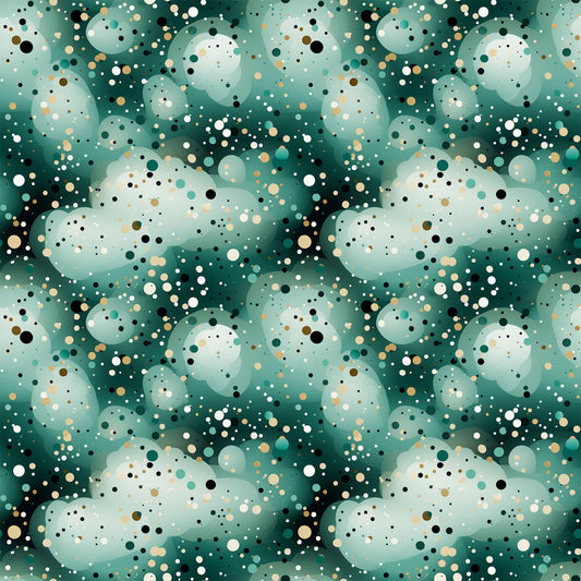 green, teal, sage, cream, beige, black, white, confetti, dots, circles, scattered pattern, abstract, modern, geometric, quilting cotton, fabric panel, contemporary, playful, bubble pattern, speckled design, mint green, forest green