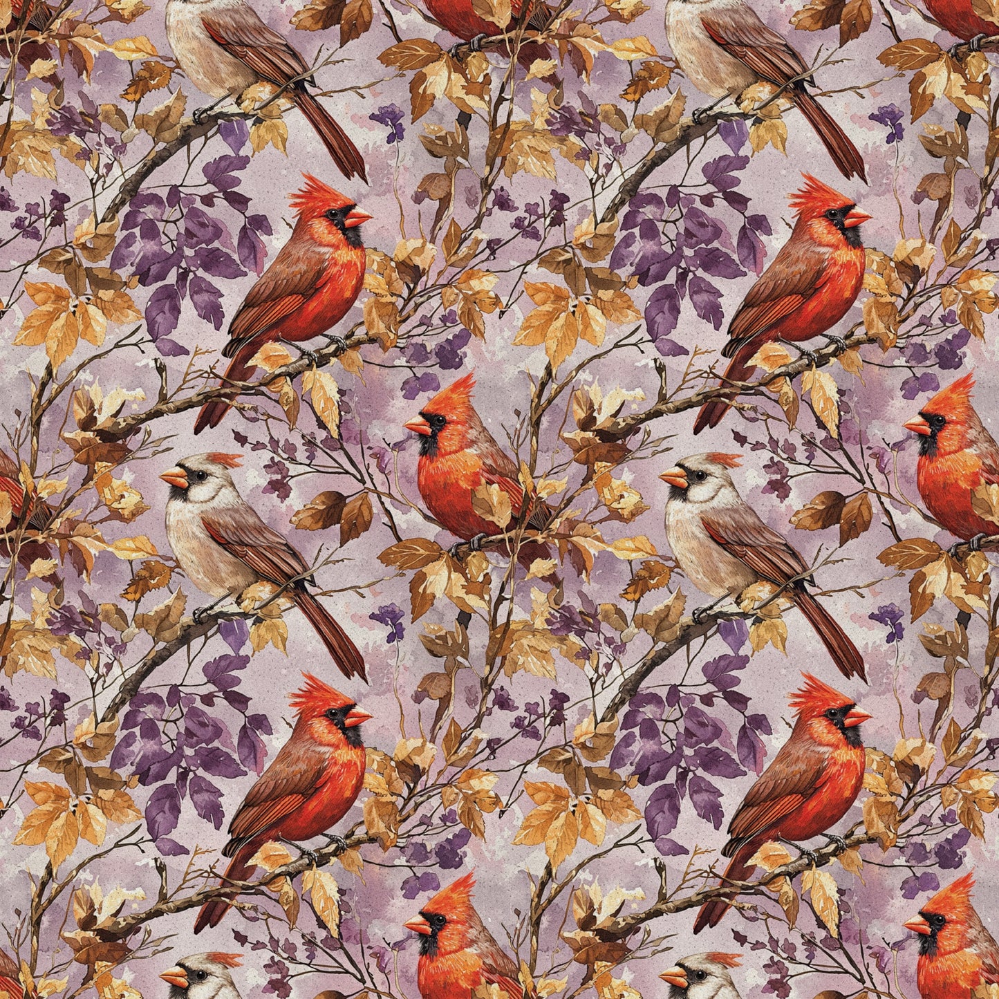 red cardinals, purple leaves, autumn foliage, brown branches, cream background, bird pattern, nature design, quilting cotton, fabric panel, seasonal birds, fall colors, botanical elements, wildlife motif, repeating pattern, orange accents, lavender tones, perched birds, tree branches, natural scene, cotton fabric