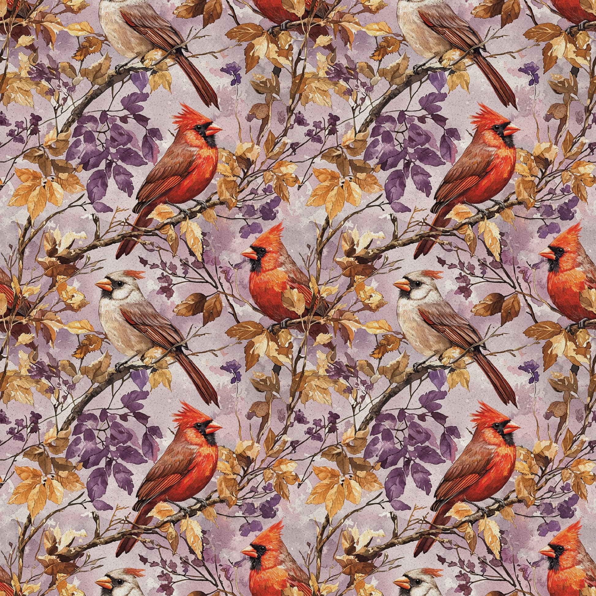 red cardinals, purple leaves, autumn foliage, brown branches, cream background, bird pattern, nature design, quilting cotton, fabric panel, seasonal birds, fall colors, botanical elements, wildlife motif, repeating pattern, orange accents, lavender tones, perched birds, tree branches, natural scene, cotton fabric