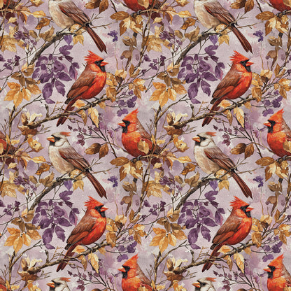 red cardinals, purple leaves, autumn foliage, brown branches, cream background, bird pattern, nature design, quilting cotton, fabric panel, seasonal birds, fall colors, botanical elements, wildlife motif, repeating pattern, orange accents, lavender tones, perched birds, tree branches, natural scene, cotton fabric