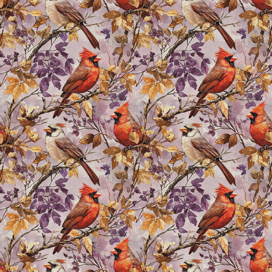 red cardinals, purple leaves, autumn foliage, brown branches, cream background, bird pattern, nature design, quilting cotton, fabric panel, seasonal birds, fall colors, botanical elements, wildlife motif, repeating pattern, orange accents, lavender tones, perched birds, tree branches, natural scene, cotton fabric