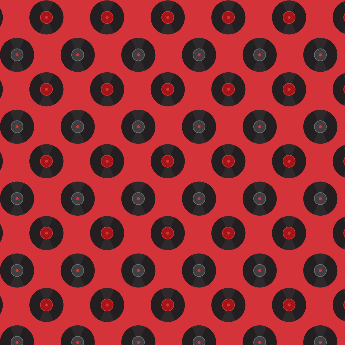 red background, black records, vinyl records, retro pattern, 50s style, mid-century modern, music theme, circular motifs, geometric design, repeating pattern, quilting cotton, fabric panel, nostalgic vibes, diner aesthetic, rockabilly style, vintage records, alternating rows, music memorabilia