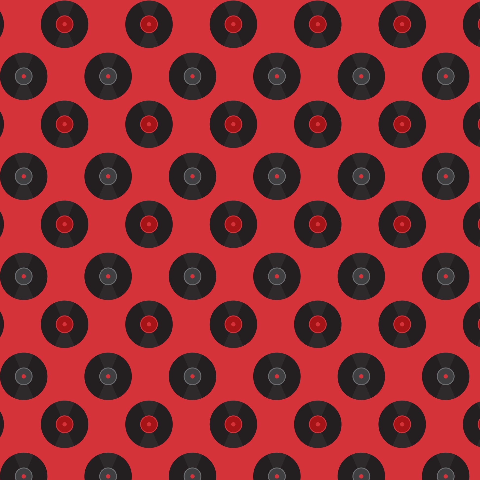 red background, black records, vinyl records, retro pattern, 50s style, mid-century modern, music theme, circular motifs, geometric design, repeating pattern, quilting cotton, fabric panel, nostalgic vibes, diner aesthetic, rockabilly style, vintage records, alternating rows, music memorabilia