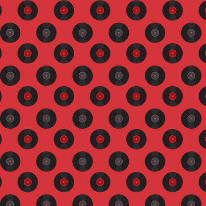 red background, black records, vinyl records, retro pattern, 50s style, mid-century modern, music theme, circular motifs, geometric design, repeating pattern, quilting cotton, fabric panel, nostalgic vibes, diner aesthetic, rockabilly style, vintage records, alternating rows, music memorabilia