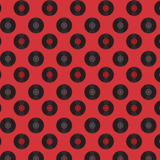 red background, black records, vinyl records, retro pattern, 50s style, mid-century modern, music theme, circular motifs, geometric design, repeating pattern, quilting cotton, fabric panel, nostalgic vibes, diner aesthetic, rockabilly style, vintage records, alternating rows, music memorabilia