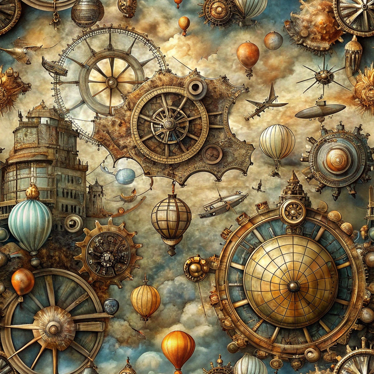 - Steampunk Old Maps Pattern 9 Quilting Cotton Fabric  
- Vintage gears  
- Airships  
- Hot air balloons  
- Compass elements  
- Antique maps  
- Brown, gold, beige tones  
- Mechanical textures  
- Textile design  
- Quilting cotton material  
- Retro navigation  
- Artistic fabric print
