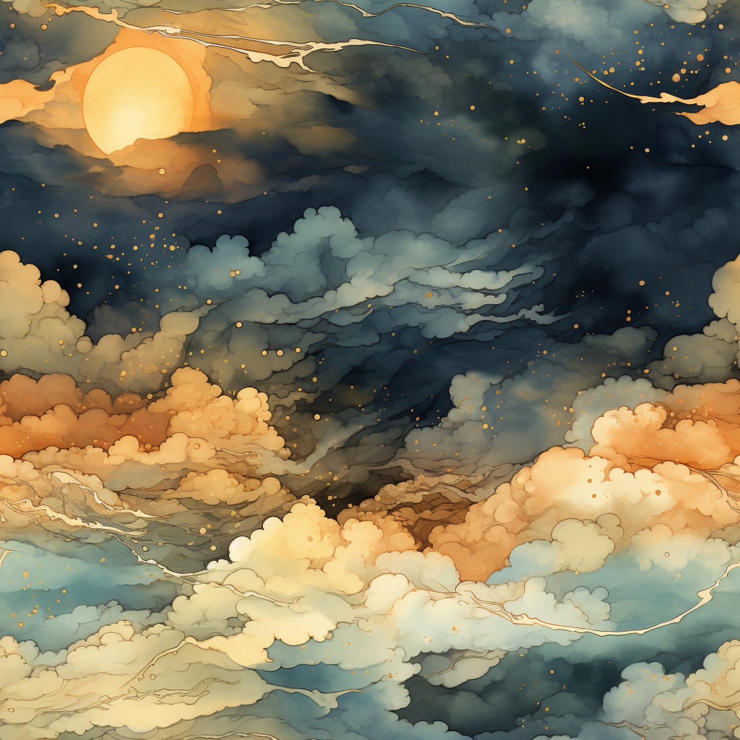 sunset clouds, evening sky, golden yellow, warm orange, deep blue, stormy gray, watercolor style, dreamy atmosphere, celestial scene, dramatic skies, flowing clouds, quilting cotton, fabric panel, nature inspired, twilight colors, atmospheric design, soft blending, peaceful mood, skyscape, cotton fabric