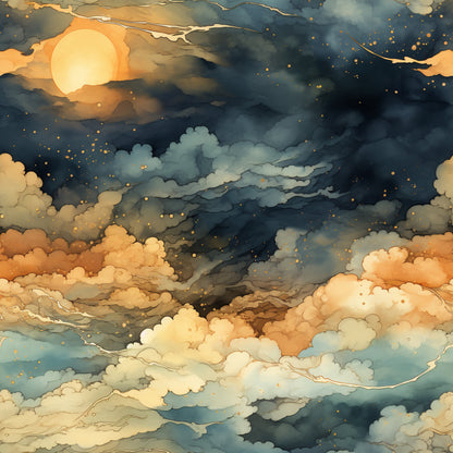 sunset clouds, evening sky, golden yellow, warm orange, deep blue, stormy gray, watercolor style, dreamy atmosphere, celestial scene, dramatic skies, flowing clouds, quilting cotton, fabric panel, nature inspired, twilight colors, atmospheric design, soft blending, peaceful mood, skyscape, cotton fabric