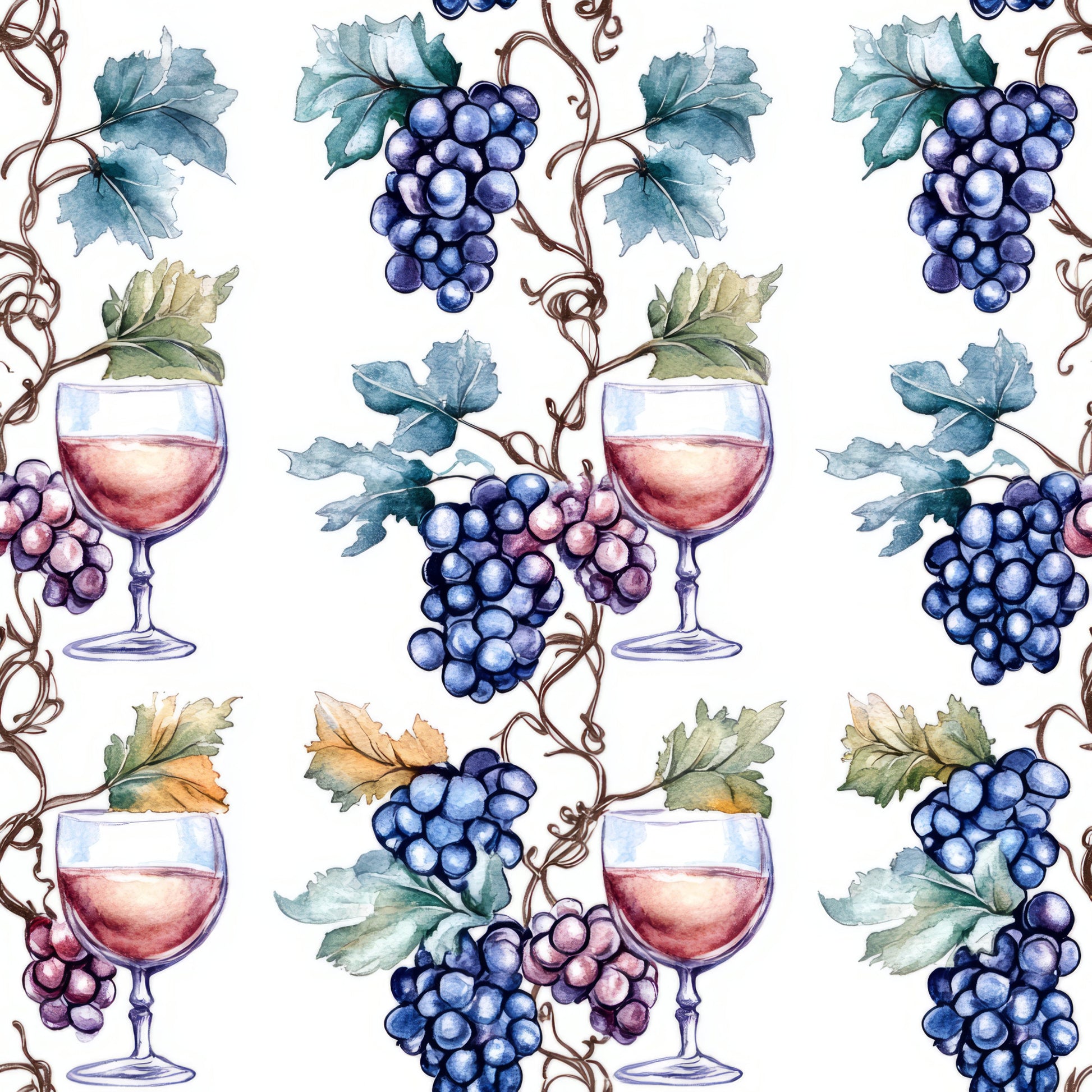 wine glasses, grapes, vineyard, watercolor style, blue grapes, purple grapes, green leaves, grapevines, wine theme, botanical pattern, repeating pattern, quilting cotton, fabric panel, burgundy wine, turquoise leaves, autumn colors, winery motif, seamless design, artistic illustration, alcohol themed